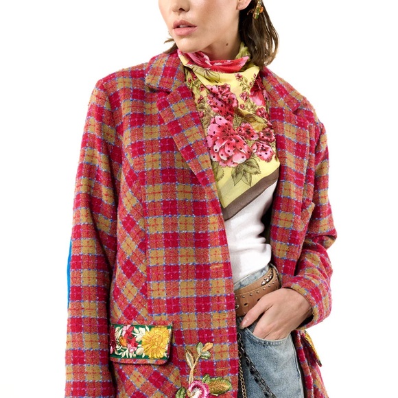 Aratta Red and Tan Wool Blazer with Classic Plaid Design - Picture 2 of 10